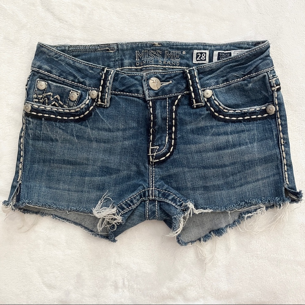MISS ME Sunny Skinny Shorts Womens Size 28 Blue Cutoff Big Stitches Zip Fly